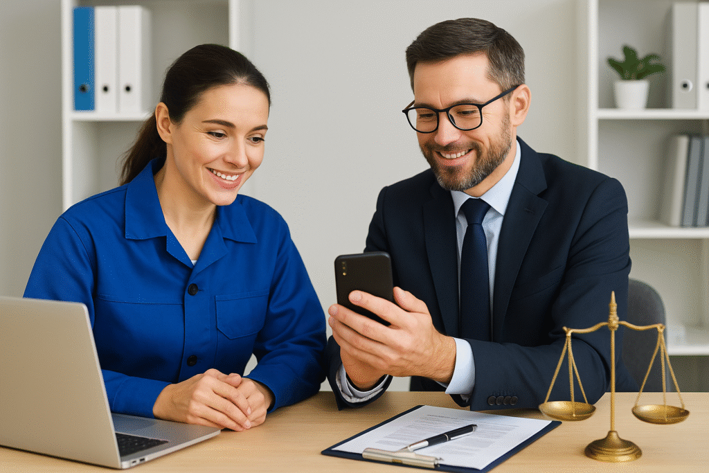 Advogado trabalhista explicando direitos a cliente usando WhatsApp em ambiente de escritório com balança da justiça visível.