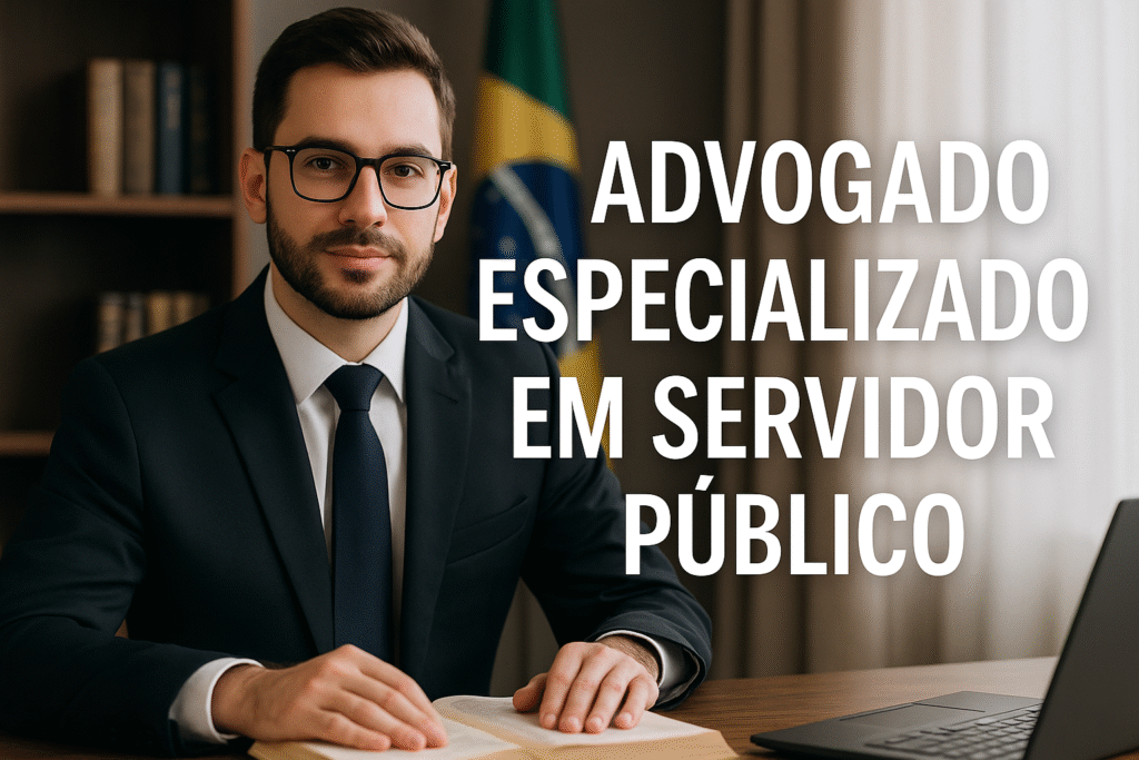 Advogado especializado em servidor público sentado à mesa com livro aberto e bandeira do Brasil ao fundo, em escritório jurídico profissional.