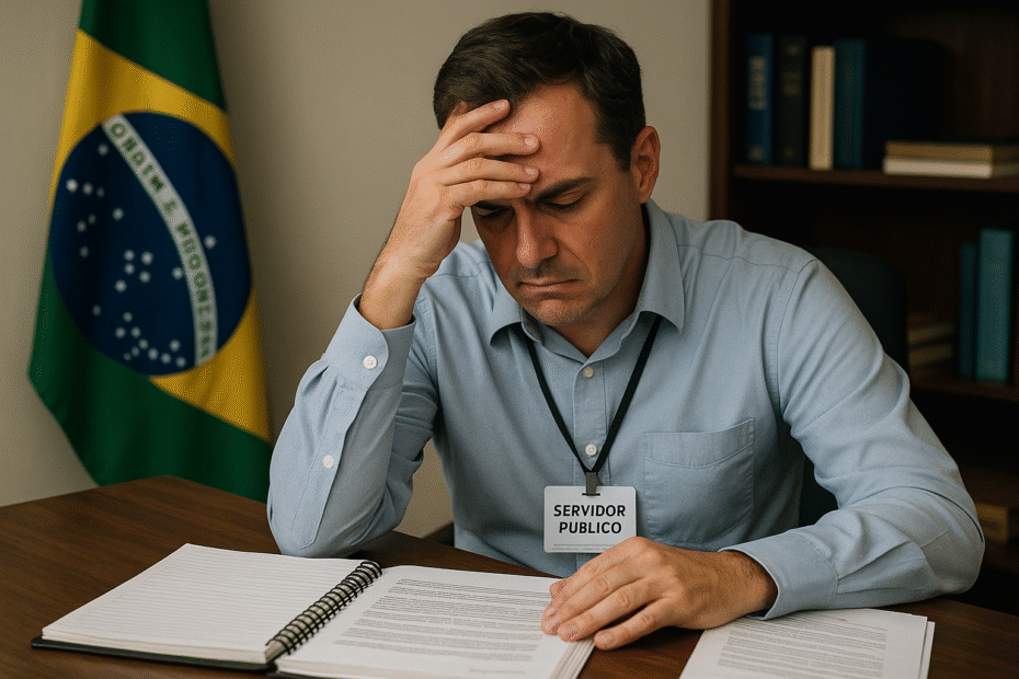 Servidor público brasileiro preocupado, sentado à mesa com documentos e crachá visível, demonstrando estresse no ambiente de trabalho com bandeira do Brasil ao fundo.
