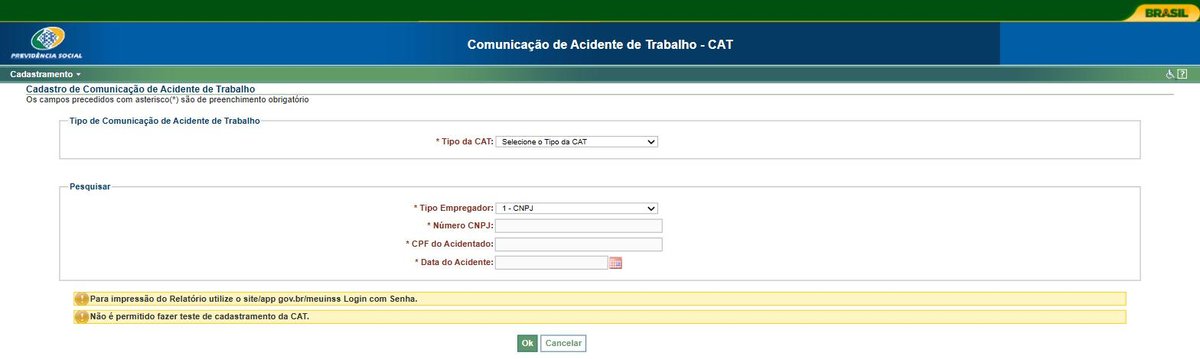 Tela do formulário oficial de cadastramento de CAT do INSS (CATWeb versão 5.0.0), com os campos tipo da CAT, tipo de empregador, CPF do acidentado e data do acidente